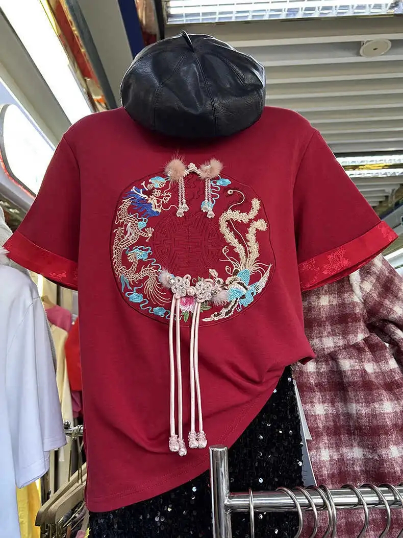 新中式刺繡T恤短袖女2024春季圓領設計感拼接中長款寬鬆洋氣上衣