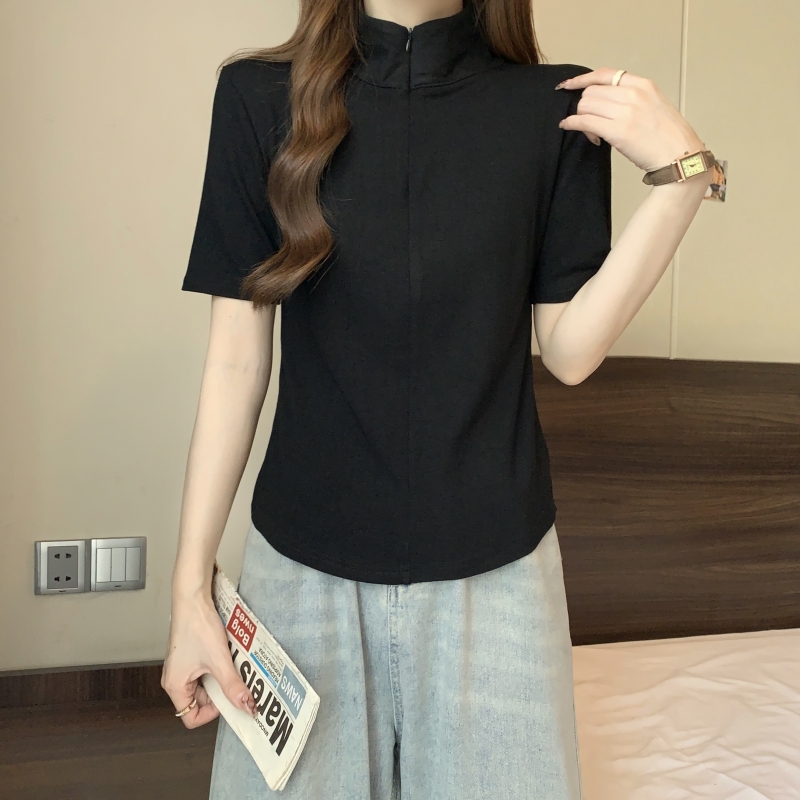 實拍 40支純棉2024夏設計感小眾彈力短袖半拉鏈T恤女修身百搭上衣