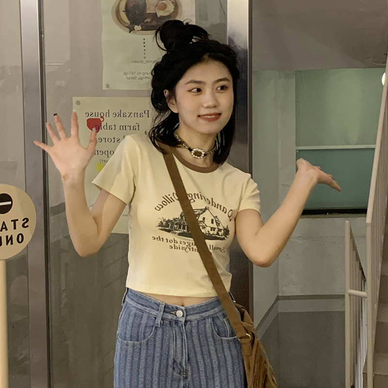 橘子樹在哪兒短款正肩T恤女夏季美式復古小體恤辣妹短袖上衣ins潮