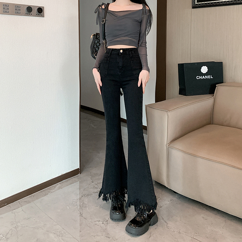 實拍~毛邊流蘇黑色微喇牛仔褲女春季復古高腰修身辣妹馬蹄褲