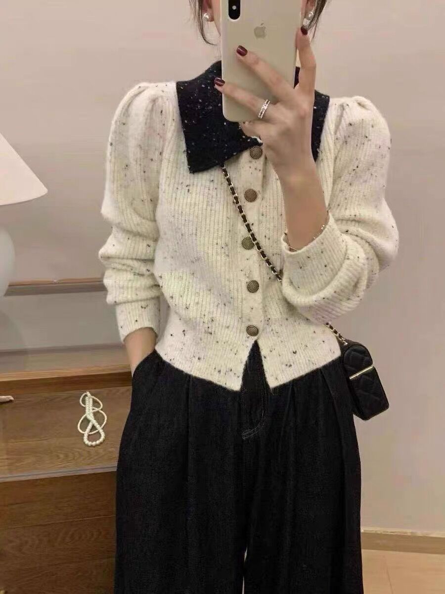 French style small fragrance design knitted cardigan women's autumn and winter new single-breasted lapel elegant sweater long-sleeved top