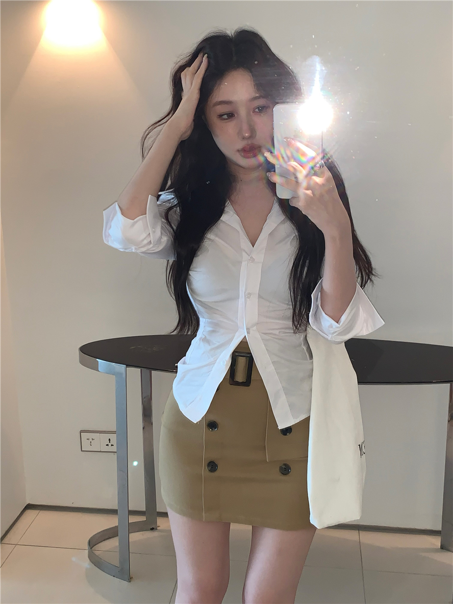 實拍 春季純欲韓女氣質收腰襯衫紐扣設計包臀裙套裝