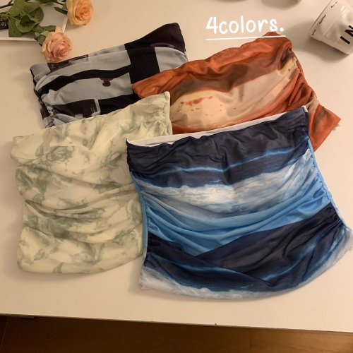 Actual shot of the new tie-dyed mesh tube top with slim fit and padded sexy short hottie strapless top