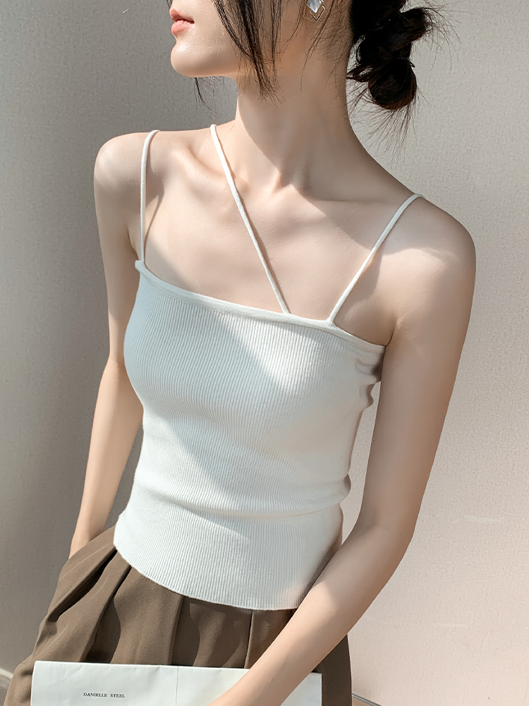 法式斜肩冰絲針織吊帶背心女夏外穿內搭設計感小眾短款上衣抹胸