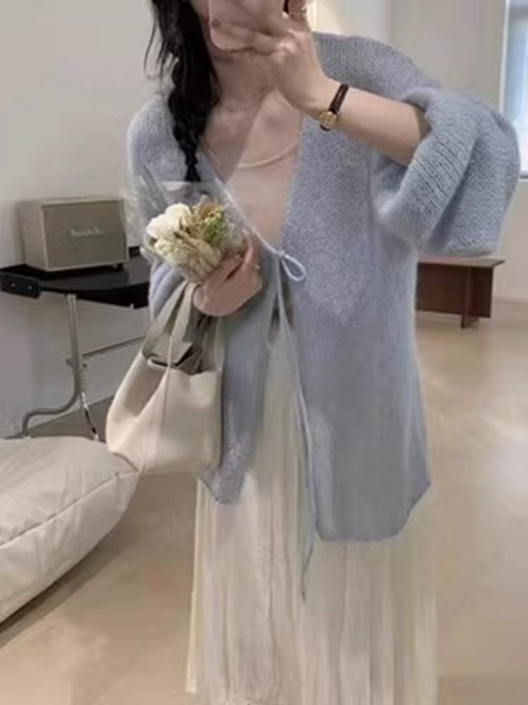 杏色長袖防曬開衫女夏系帶薄款外搭溫柔風寬鬆早秋中長款針織外套