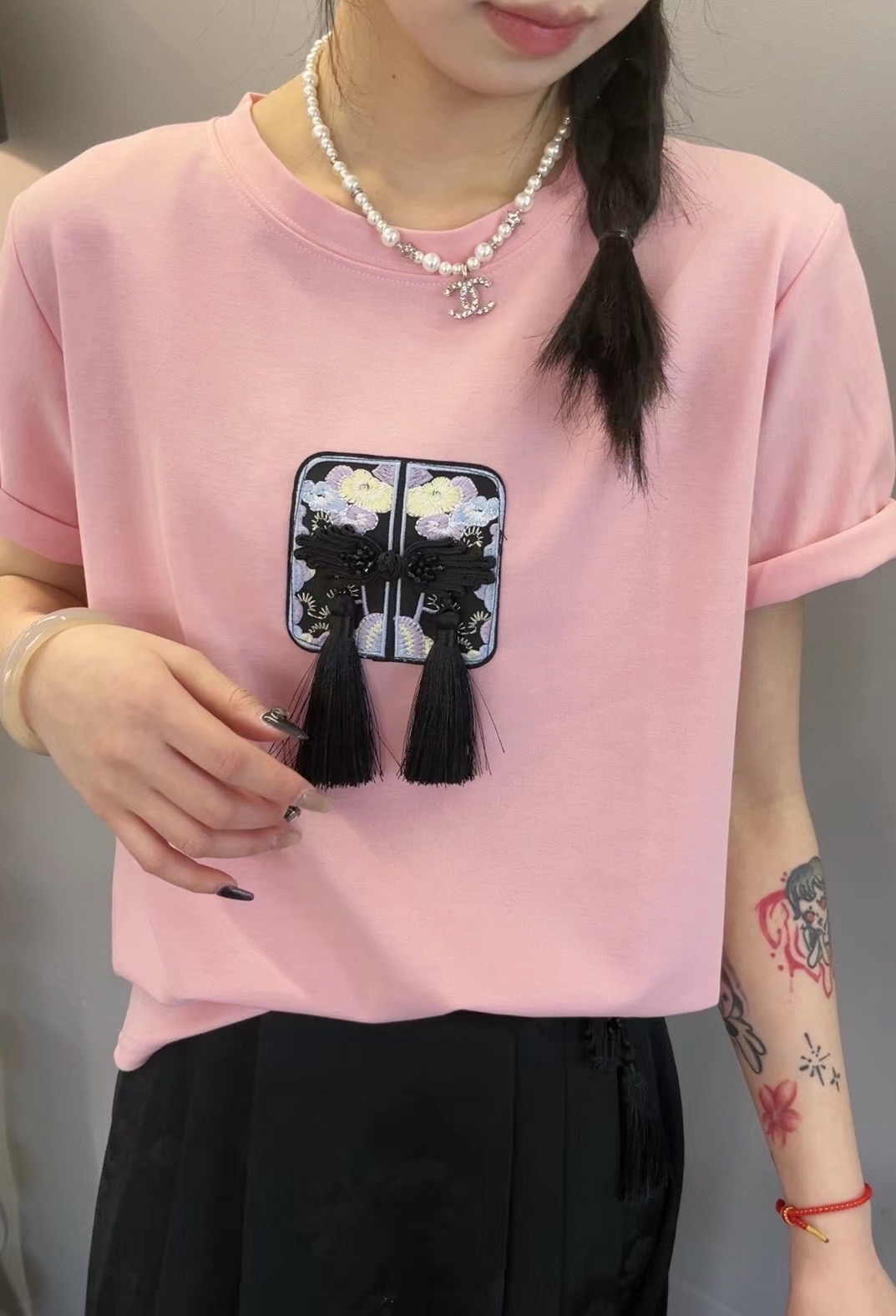 國風刺繡短袖T恤女2024夏季新款流蘇盤扣寬鬆顯瘦百搭休閒上衣