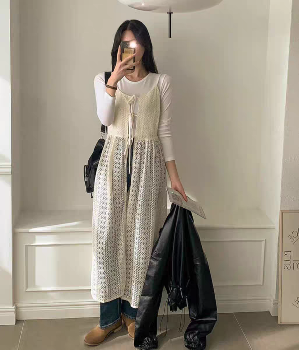 Korean chic hollow jacquard lace-up cardigan see-through lace suspender dress