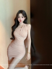 Real shot of temperament one-line neckline mesh slanted shoulder halterneck dress feminine waist tight hip wrap skirt