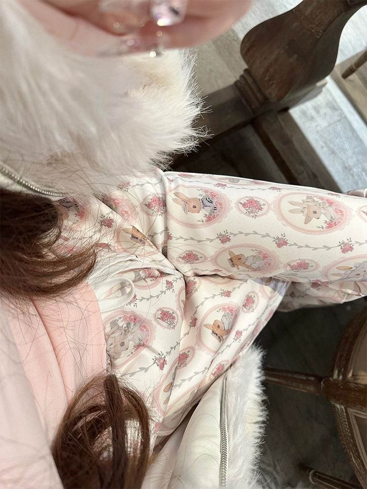 純棉滿印兔子抽繩高腰喇叭褲女INS顯瘦百搭拖地長褲