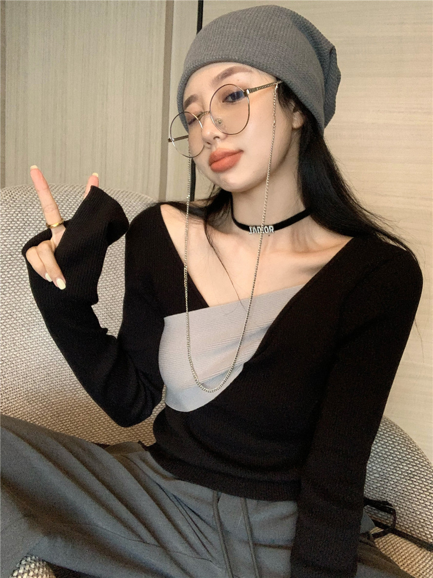 實拍交叉撞色針織衫女春新款修身顯瘦氣質上衣