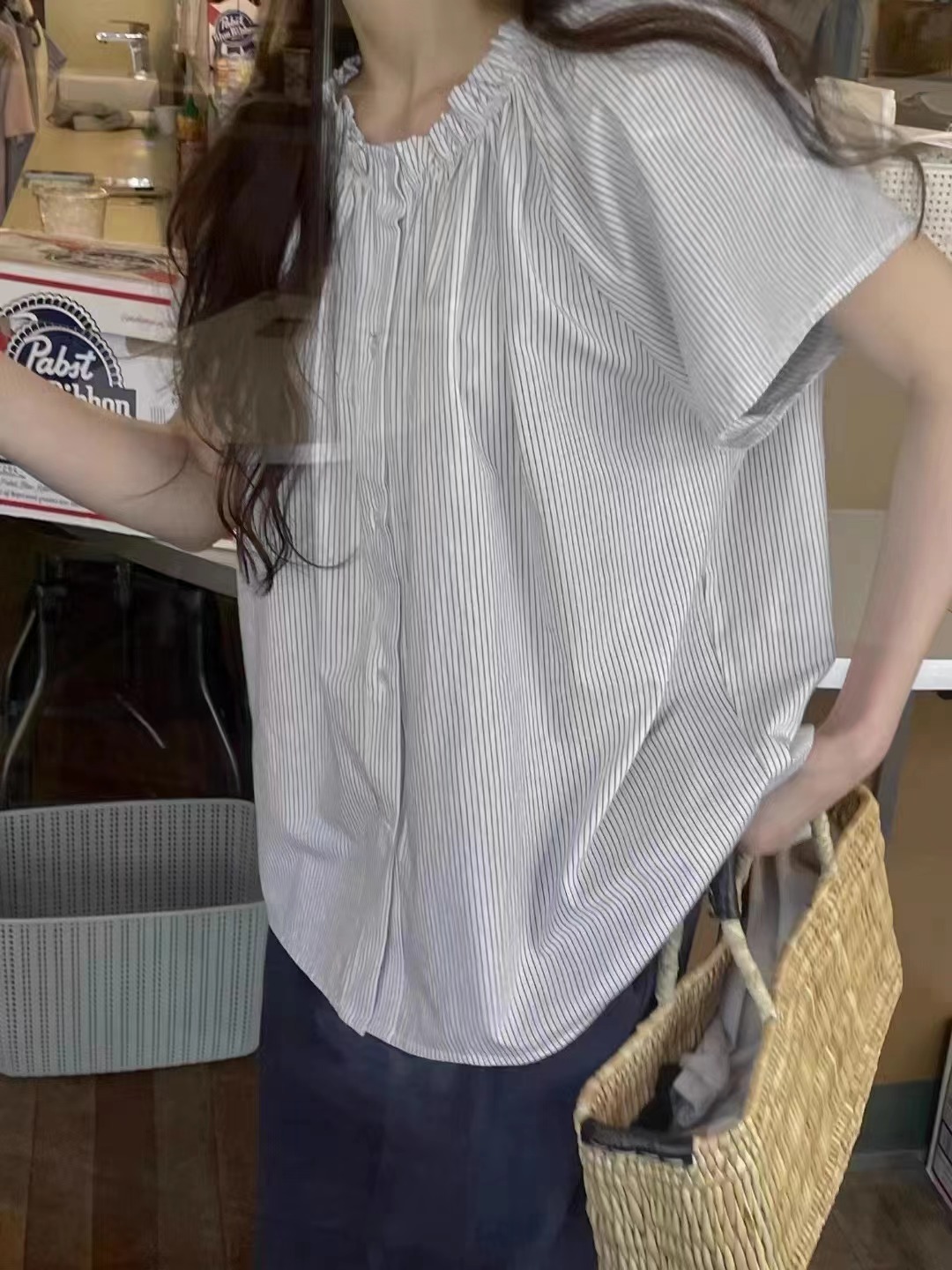 法式復古條紋短袖襯衫女夏季設計感小眾日系上衣