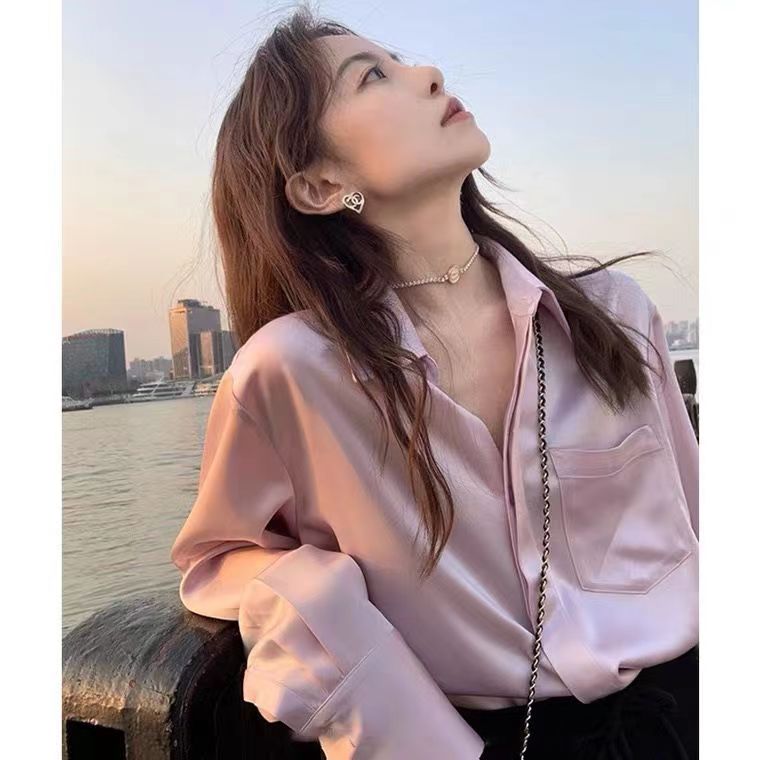 高級感氣質醋酸緞面鹽系襯衫女夏季設計感小眾襯衣寬鬆粉色上衣薄
