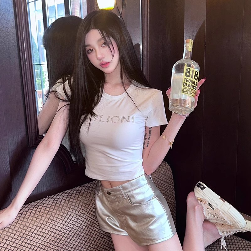 1*1純棉 高彈力重工鑲鑽夏季美式甜酷辣妹風修身顯瘦短款上衣
