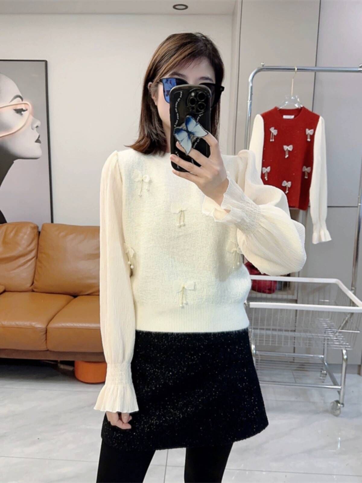 Bindian BD35079 round neck bow decorated color block fake two piece pullover short sweater shirt sleeve top