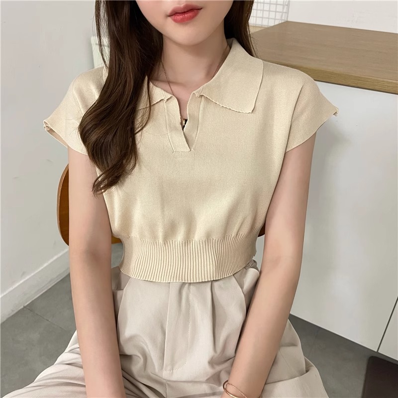簡約修身短袖POLO衫短款針織衫翻領t恤上衣女2024新款秋季韓版潮