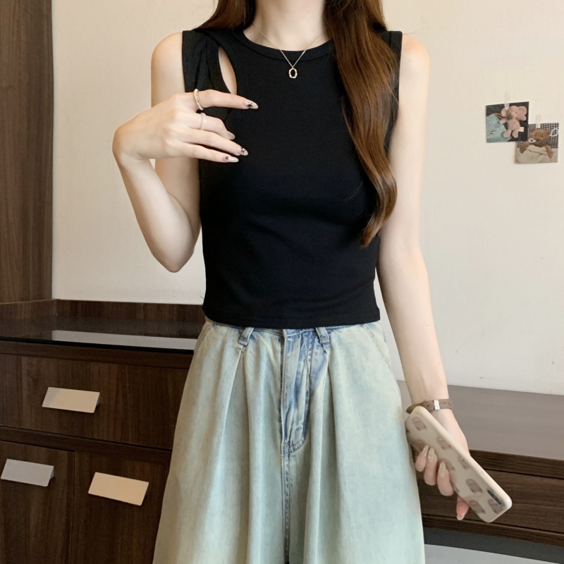 實拍  40支純棉 2024夏裝黑色背心女鏤空彈力別致上衣
