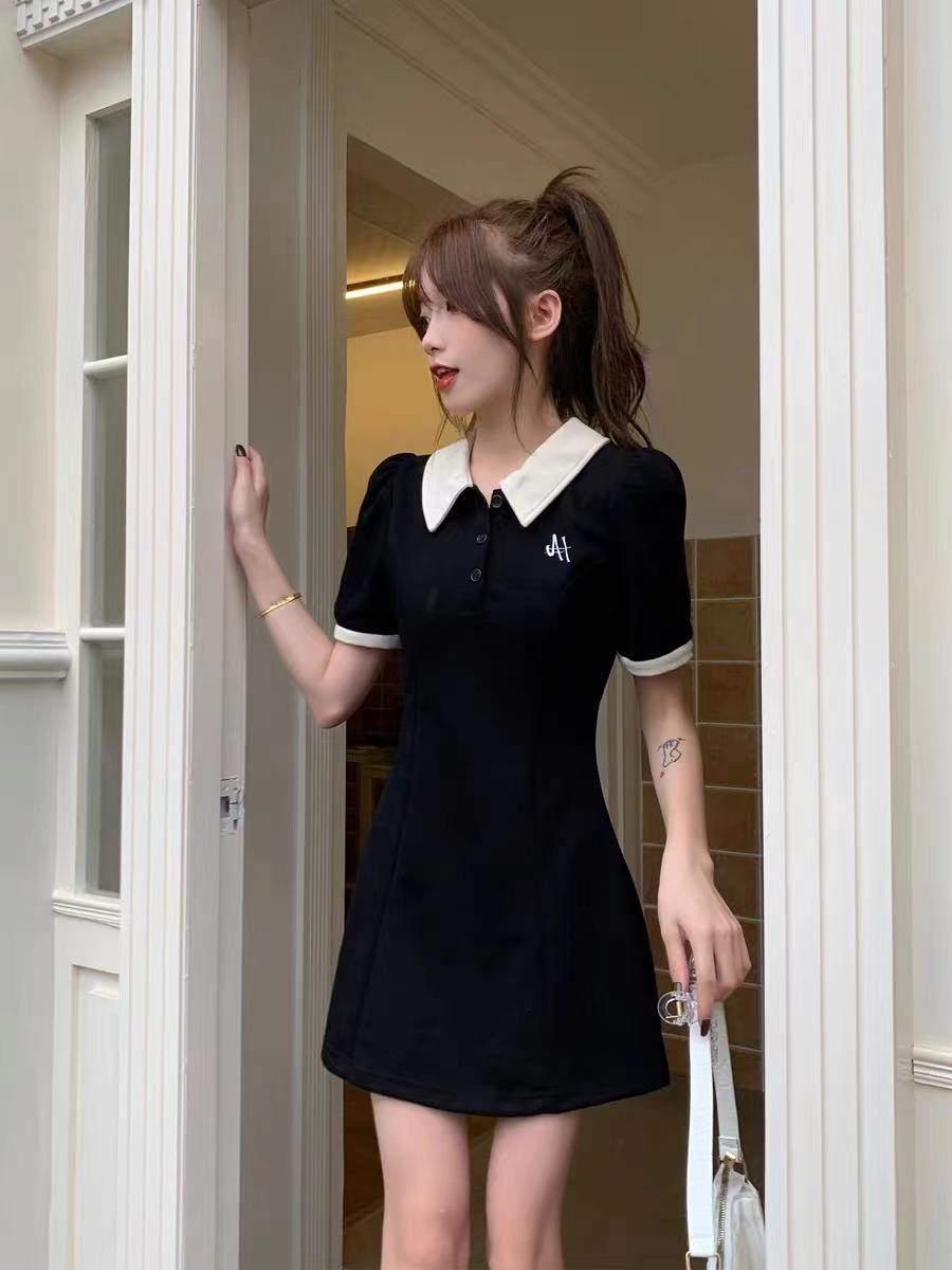黑色高級感連衣裙polo領小個子顯瘦純欲法式氣質收腰女夏