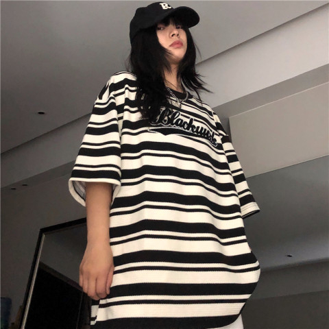 毛巾繡  潮牌美式復古條紋短袖t恤女ins設計感小眾上衣