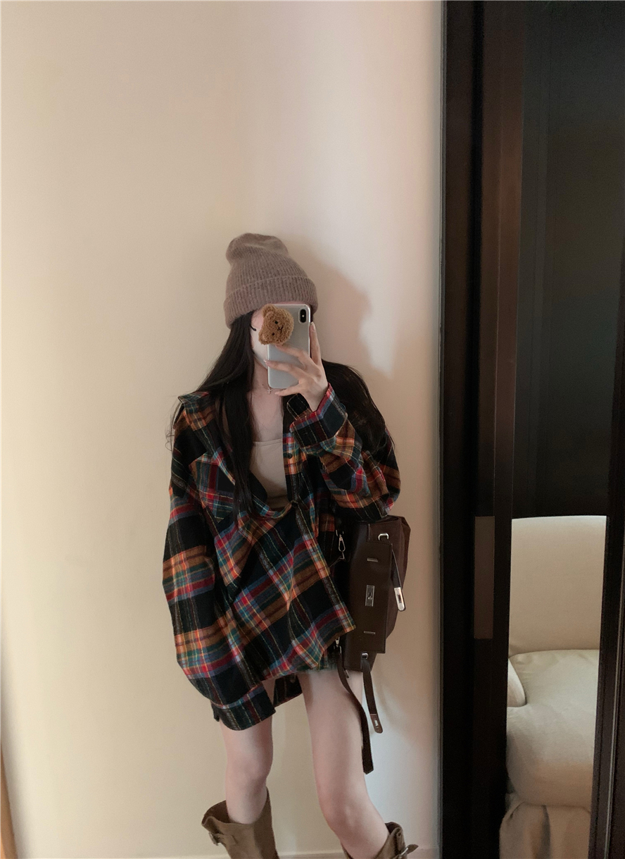 復古格子polo領襯衫外套女春季韓版小個子中長款寬鬆襯衣別致上衣