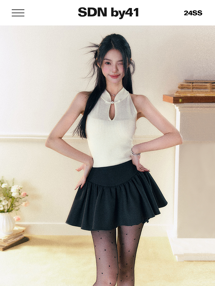 SDNby41 東方美學 千金新中式立領盤扣小背心修身半透針織衫上衣