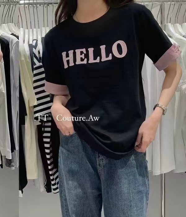 2024春夏新款時尚百搭袖口卷邊粉色字母刺繡圓領短袖T恤上衣女