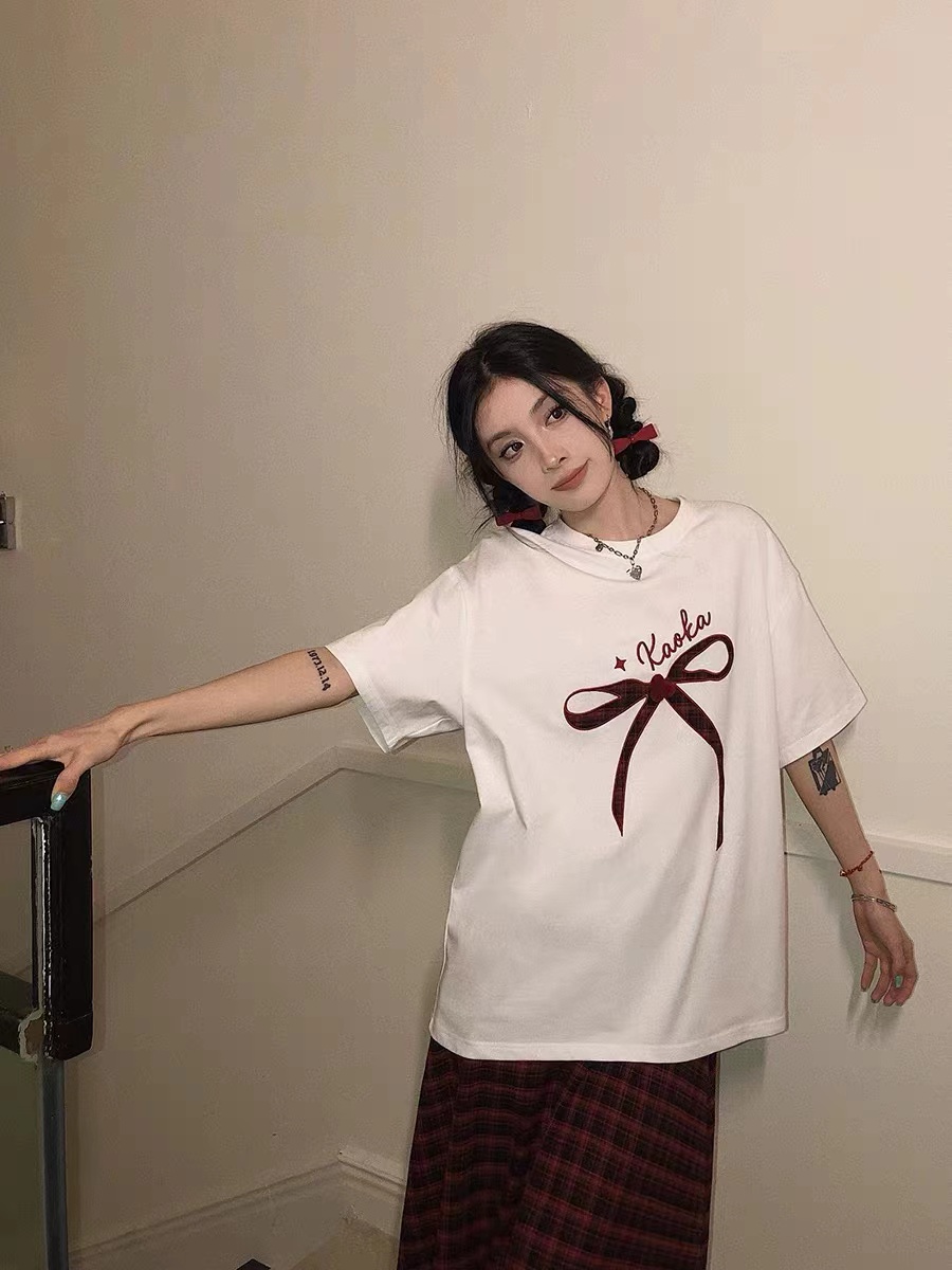 純棉 天貓質量 韓版學院風小眾印花寬鬆百搭T恤
