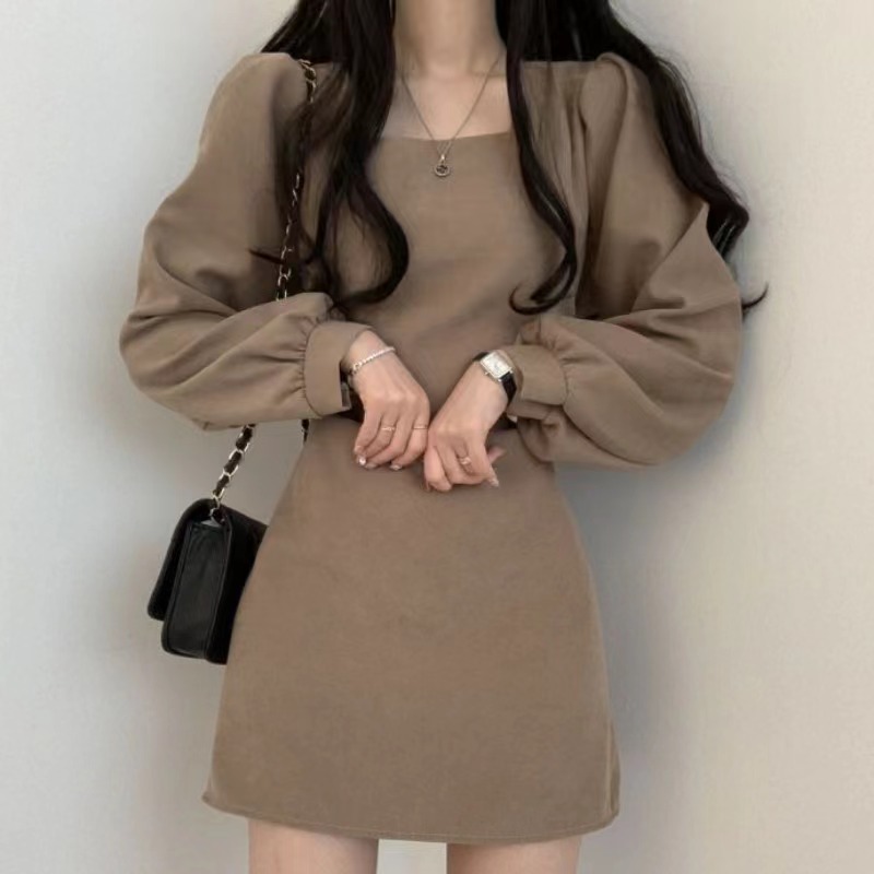 韓國chic法式小眾春秋裝復古方領收腰顯瘦短款小個子高腰連衣裙潮