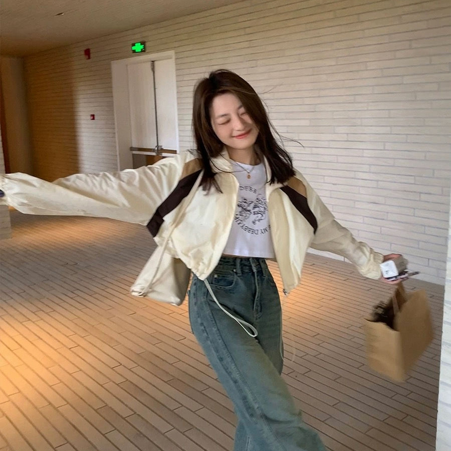 甜酷衝鋒衣春秋美式撞色半高領抽繩女小個子顯高長袖百搭短外套女