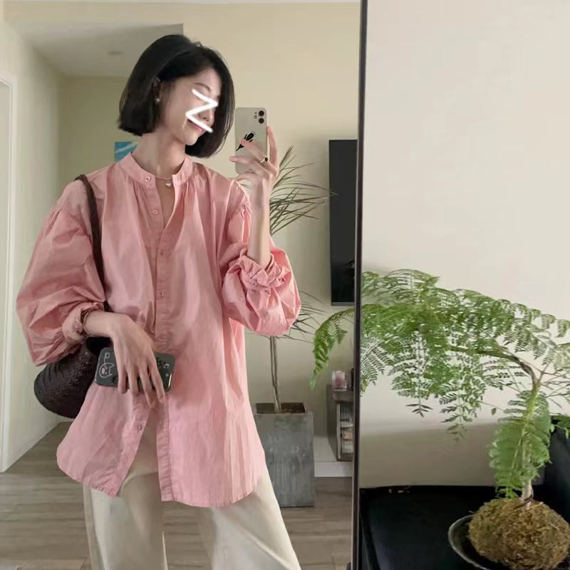 法式高級感粉色圓領襯衫女春季寬鬆百搭通勤別致氣質燈籠長袖上衣