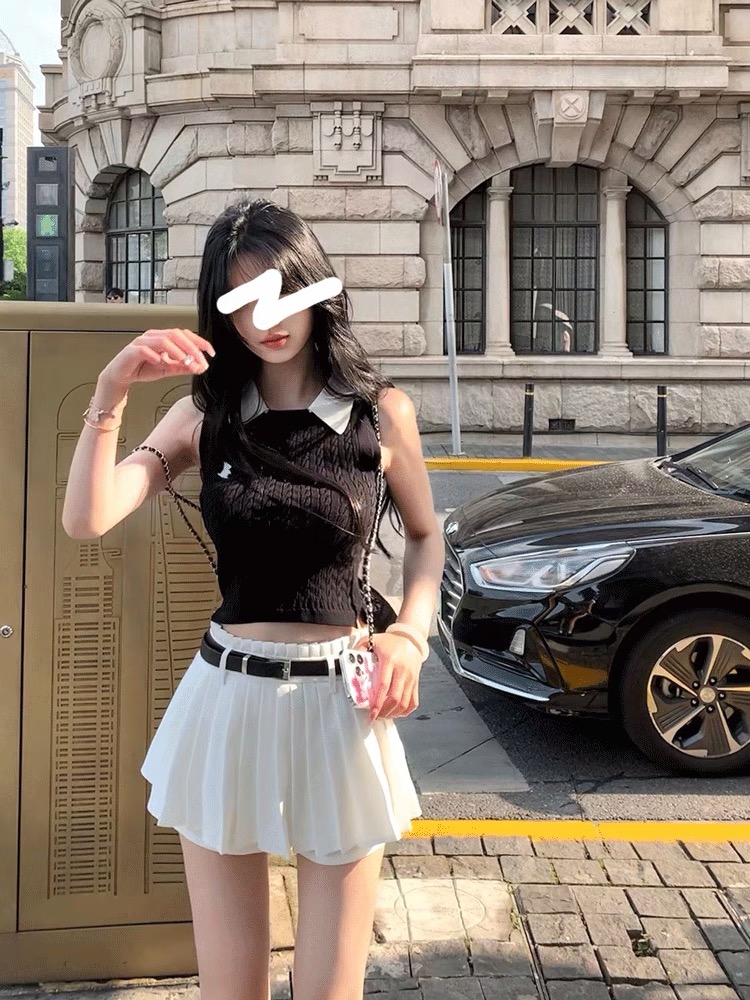 翹課學妹韓系學院風撞色刺繡上衣女設計感夏季顯瘦polo領針織背心