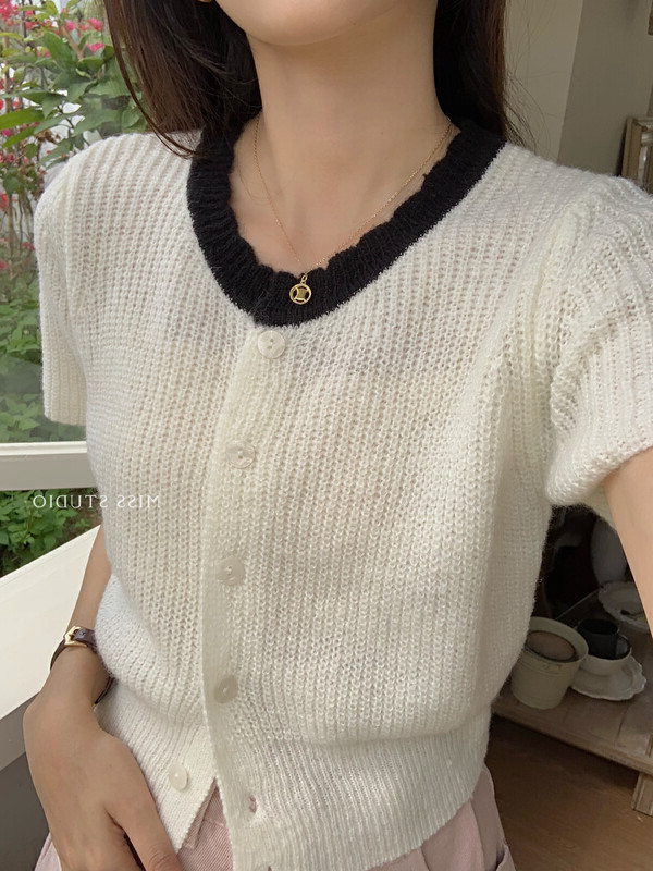 淺綠色甜美圓領波浪邊針織短袖女春夏設計感拼色開衫短款t恤上衣