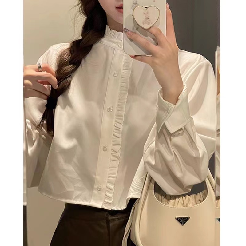 木耳邊襯衫女設計感小眾2024年秋冬新款白色長袖襯衣