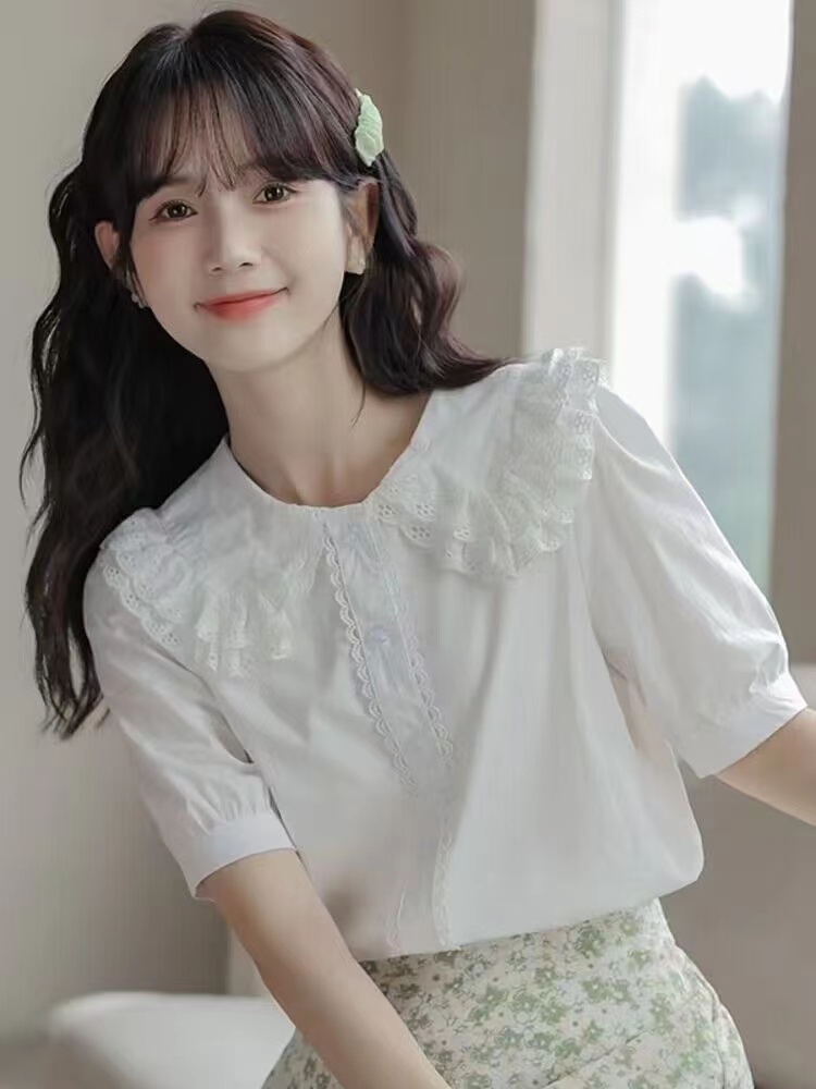 2024年夏季新款甜美娃娃領淑女蕾絲白色短袖襯衣女