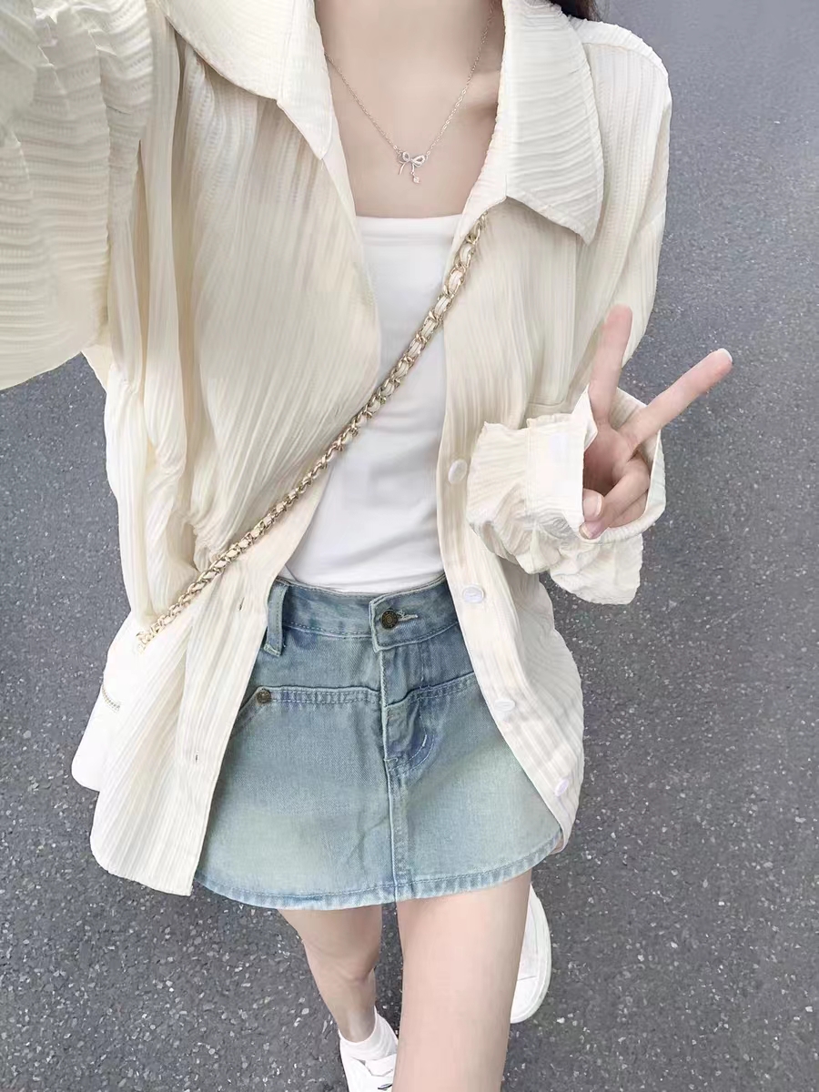 休閒襯衫外套女2024夏季新款小眾薄款襯衣開衫肌理感上衣