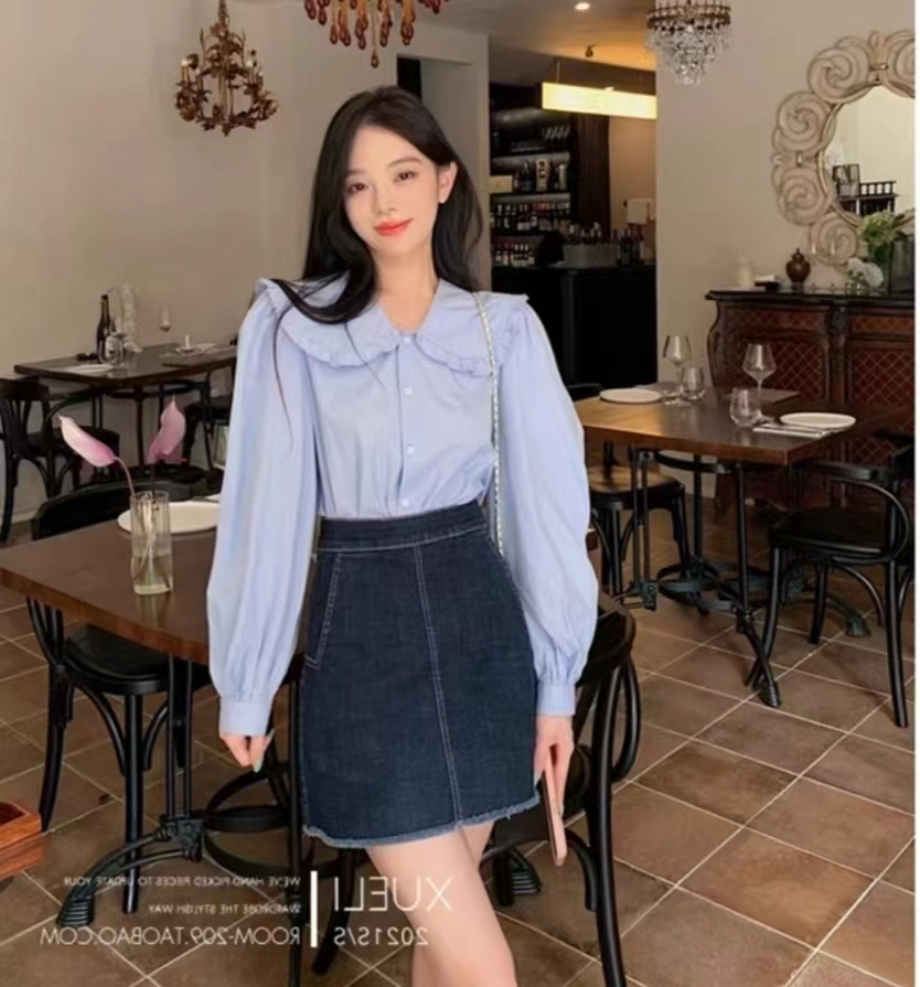 春秋新款韓版洋氣娃娃領襯衫泡泡長袖百搭上衣女