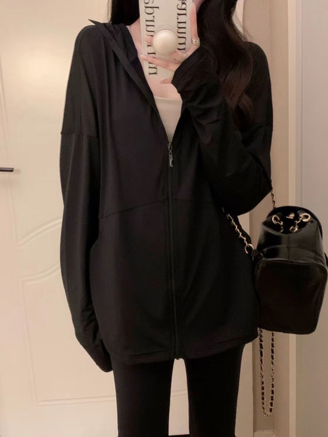 黑色防曬衣女夏季薄款冰絲防紫外線拉鏈連帽外套上衣