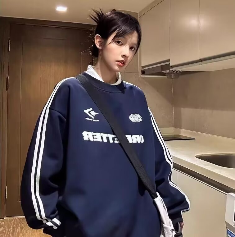 美式小眾情侶裝衛衣女2024新款春秋款圓領寬鬆高級感外套