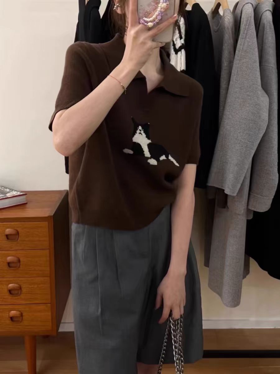 法式復古polo領短袖針織衫女早秋秋季設計感小眾顯瘦短款絕美上衣