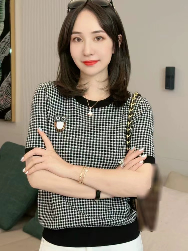 春夏款復古休閒風手工釘珠貓頭鷹針織衫女時髦設計感小眾撞色上衣