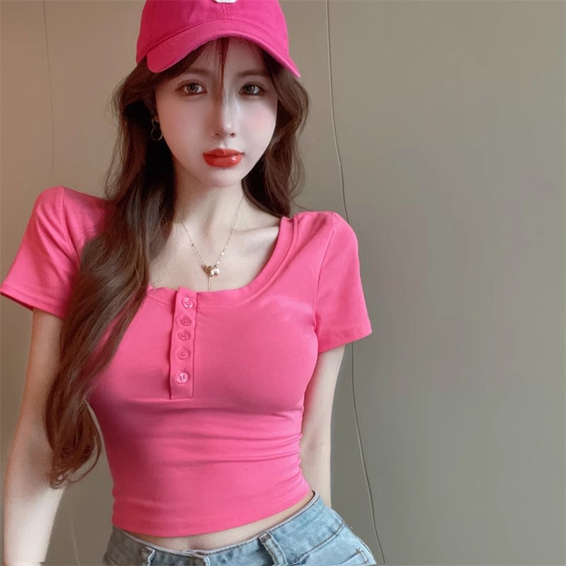 彈力純棉甜辣妹方領短袖t恤女ins潮設計感小眾純欲短款露臍上衣