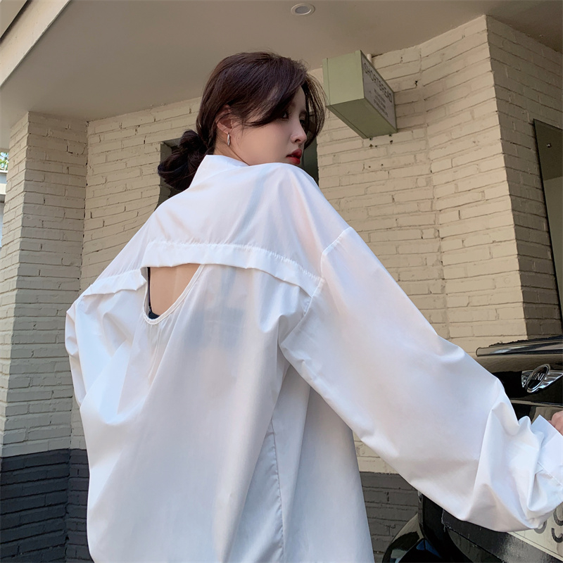 露背襯衫外套女春季新款寬鬆中長款防曬開衫白色襯衣長袖上衣