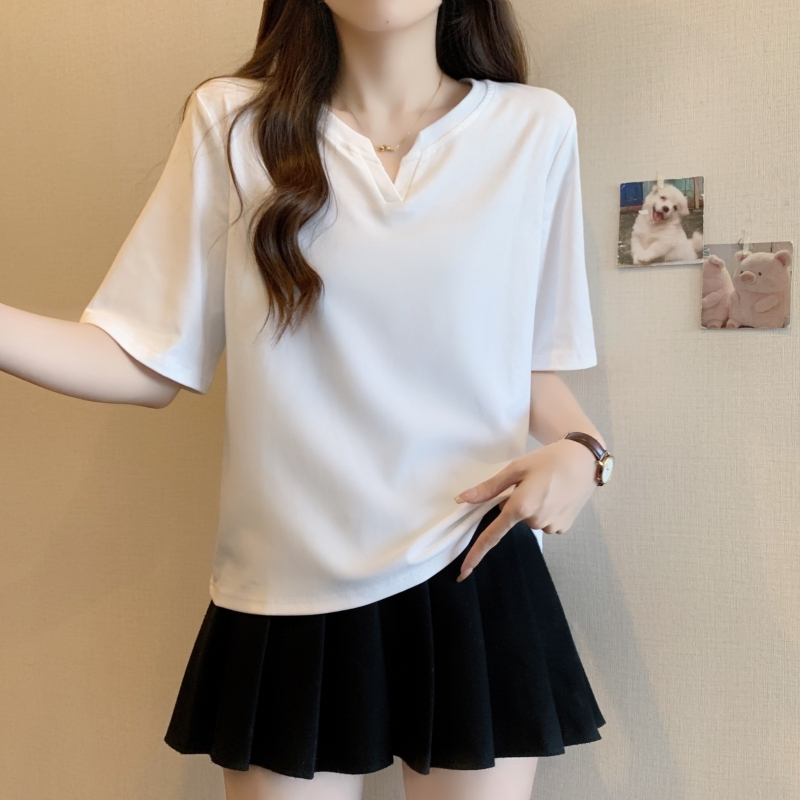 實拍  21支純棉 2024夏裝短款小v領短袖T恤女