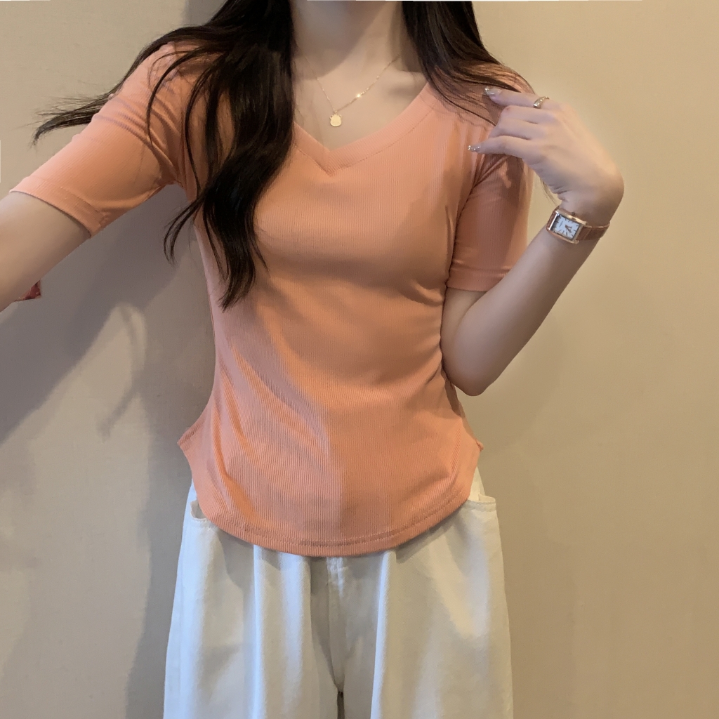 實拍  260g螺紋95%棉 5%氨綸 韓版短袖T恤女V領修身上衣
