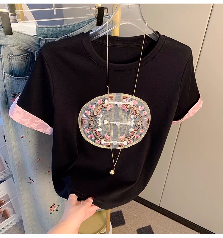 新中式國風刺繡短袖T恤女2024夏季新款洋氣盤扣寬鬆上衣白色體恤