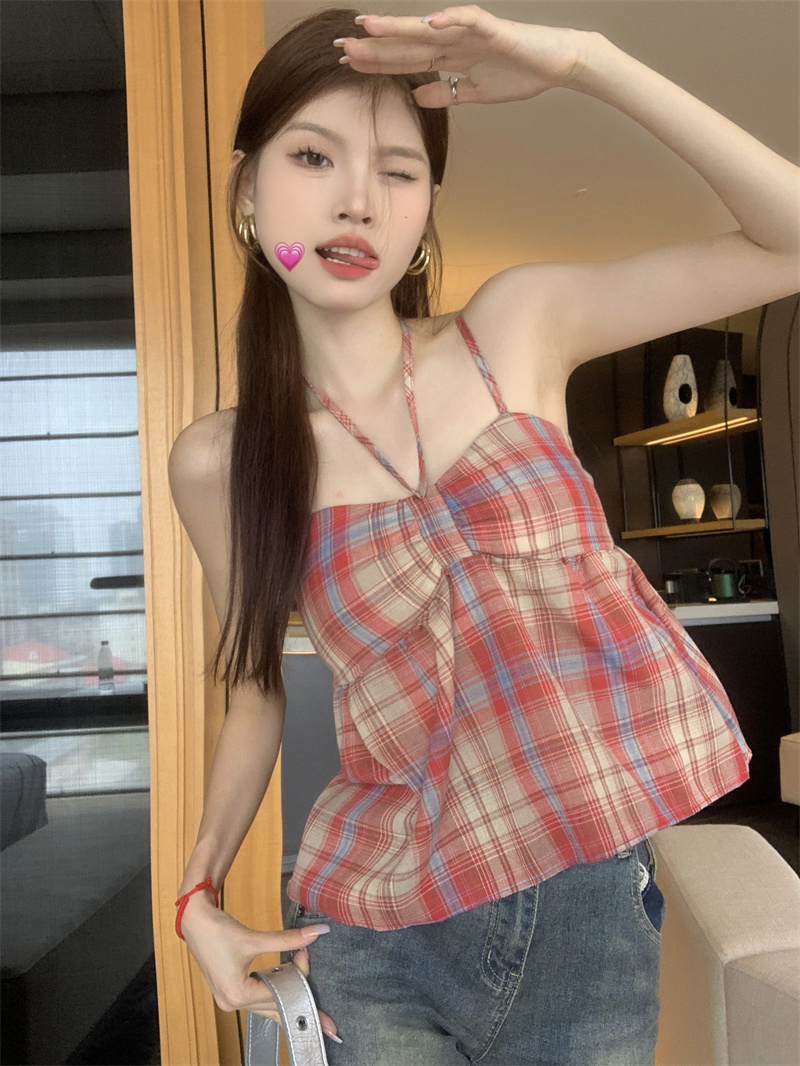 2024 Halter Neck Camisole Women’s Summer Retro Korean Lace-Up Plaid Baby Sweater for Outerwear and Internal Tops