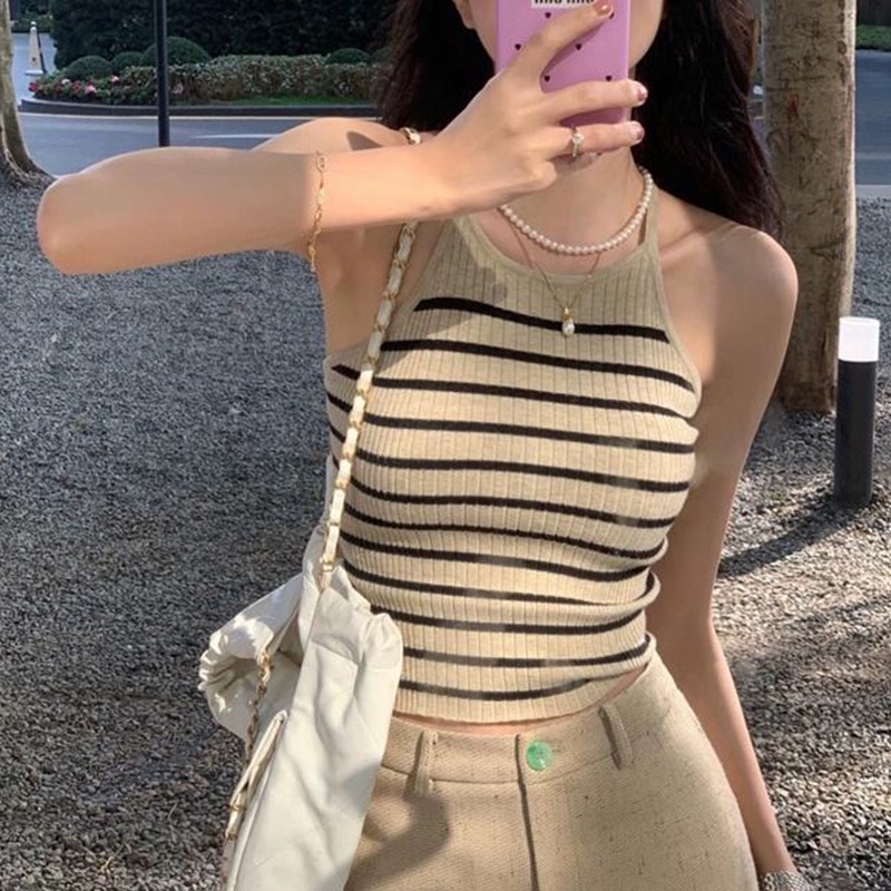 條紋針織吊帶背心女內搭修身短款美背外穿性感露背抹胸無袖上衣