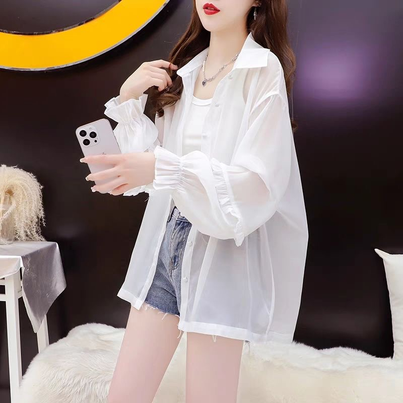 聚酯纖維顯瘦防曬衣女夏季薄款新款長袖微透襯衫上衣