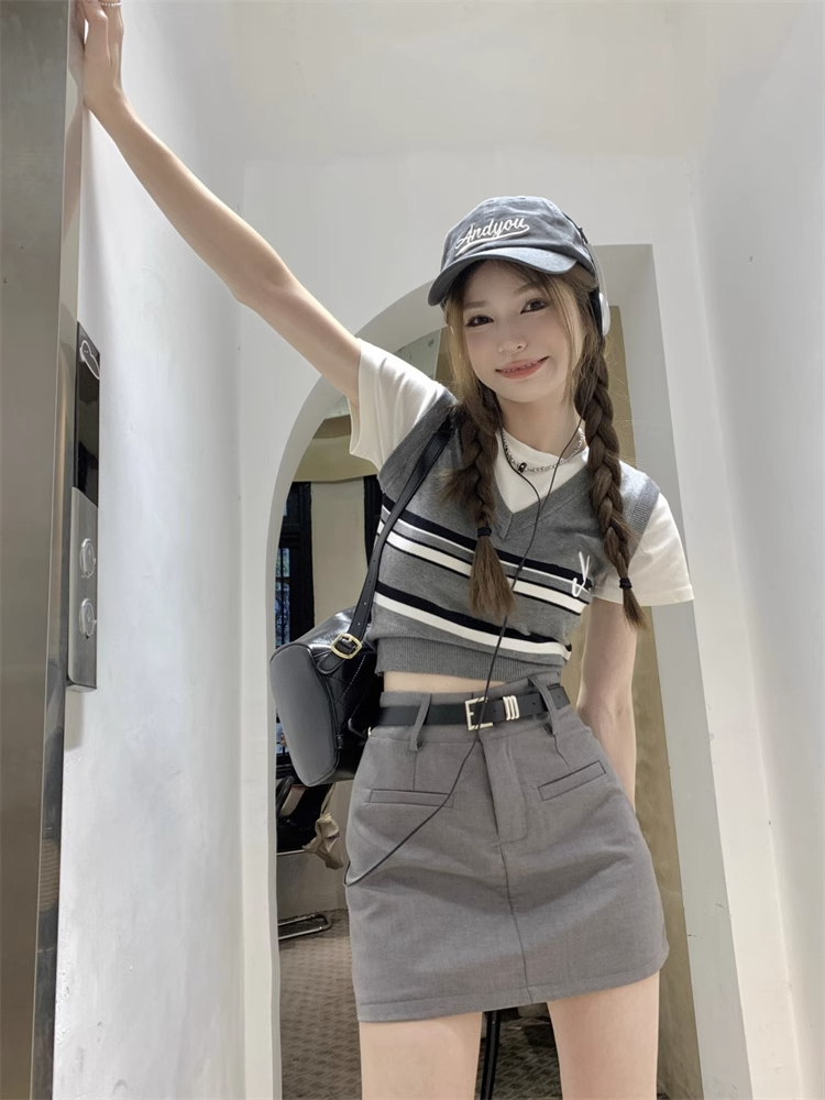 洋氣減齡套裝女裝假兩件針織衫馬甲2024夏季新款學院風修身短上衣