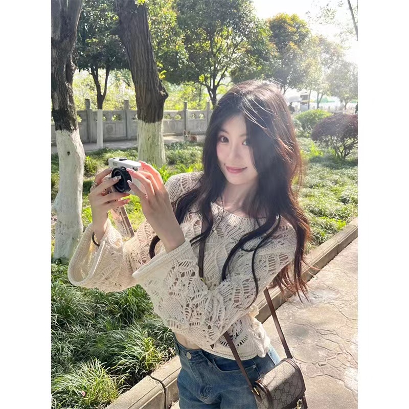 提花鏤空防曬針織衫上衣女夏短款設計感小眾法式長袖薄款寬鬆罩衫