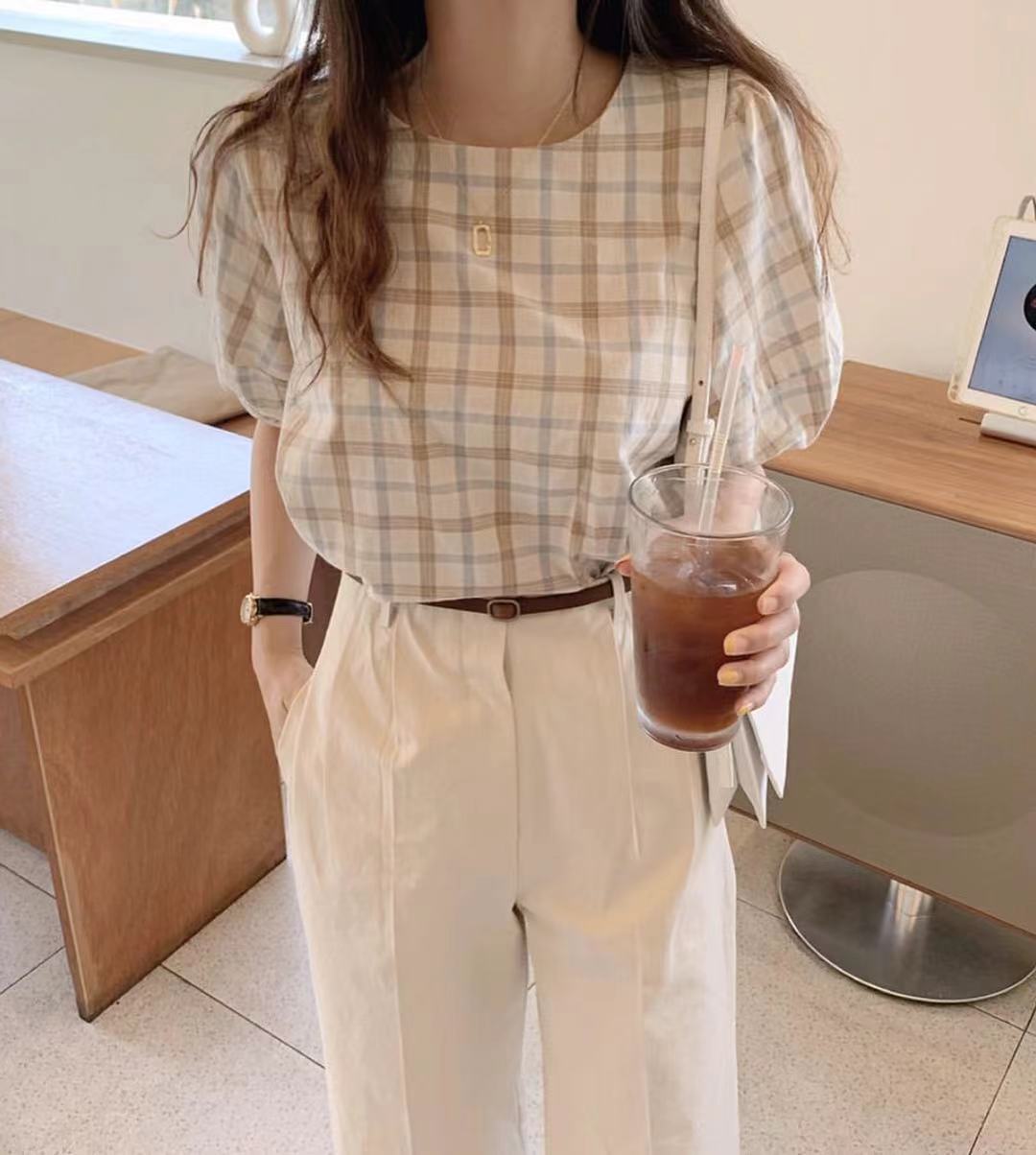 夏季韓系清新時尚格紋圓領泡泡袖百搭襯衫上衣